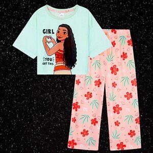 Disney Moana “Girl >YOU GOT THIS” Tropical Pajama Set Mint Tee & Coral Floral 4T